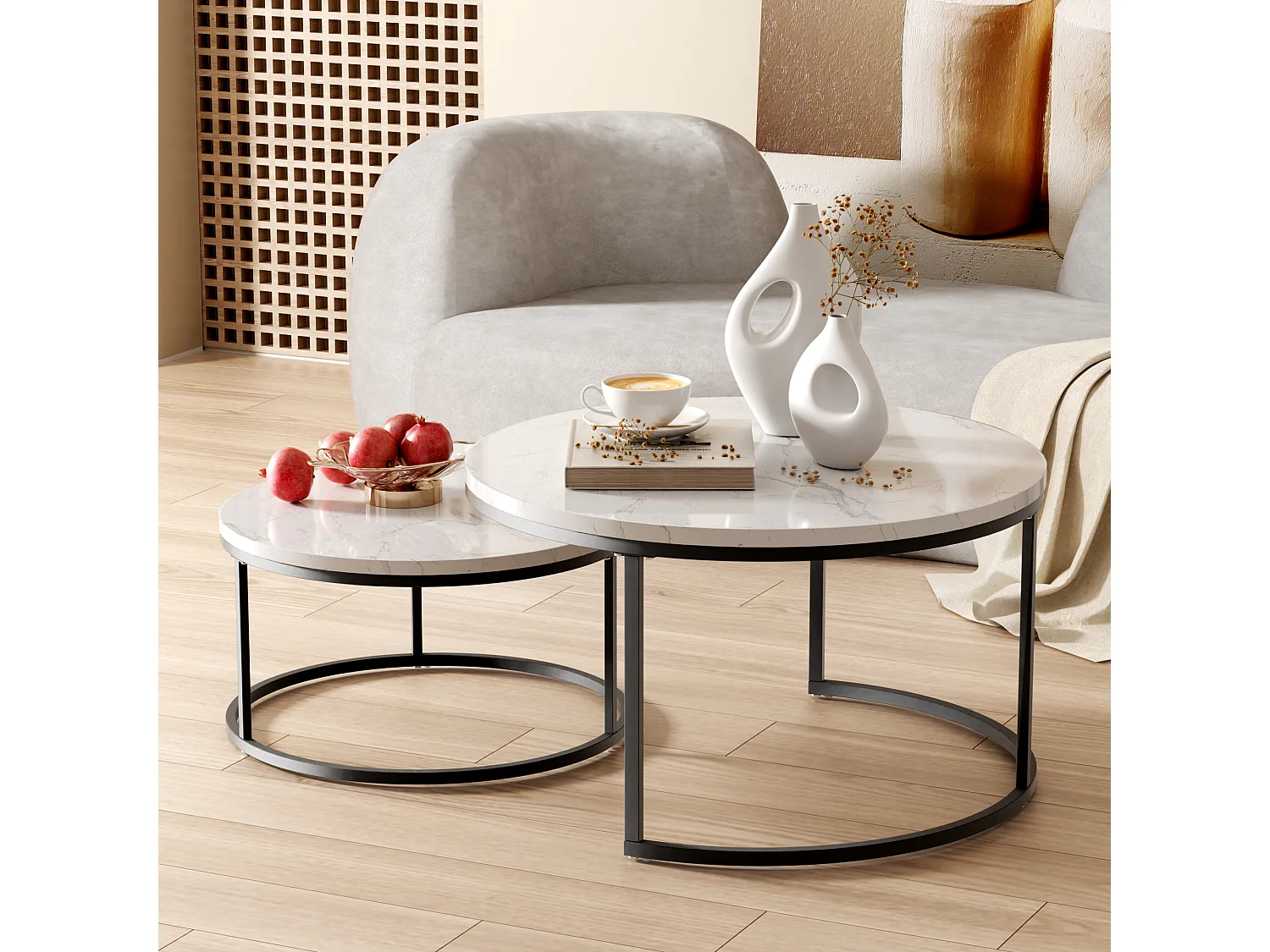 Tables basses gigognes MDF effet marbre blanc et noir - lot de 2