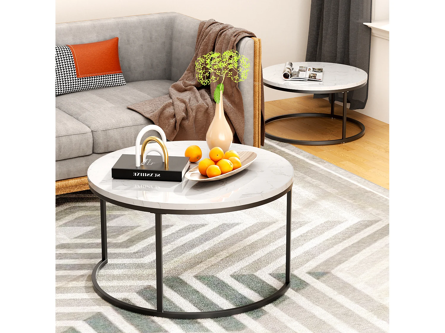 Tables basses gigognes MDF effet marbre blanc et noir - lot de 2