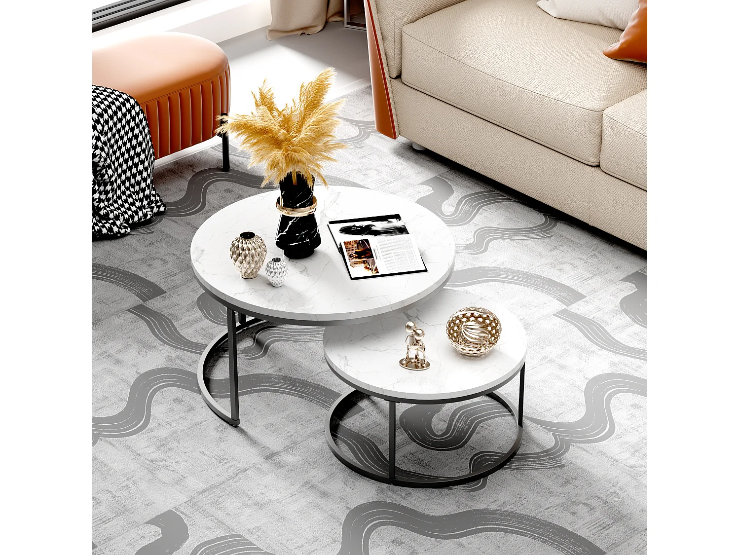 Tables basses gigognes MDF effet marbre blanc et noir - lot de 2