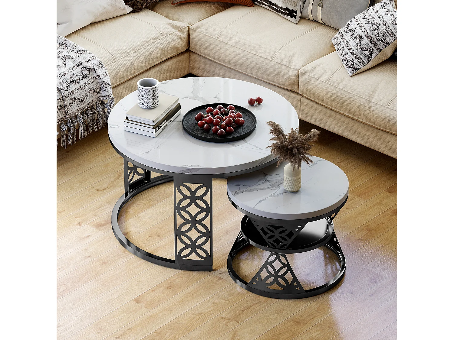 Tables basses gigognes 2 pièces 70×70×45 cm + 45×45×37 cm design contrasté avec placage marbre