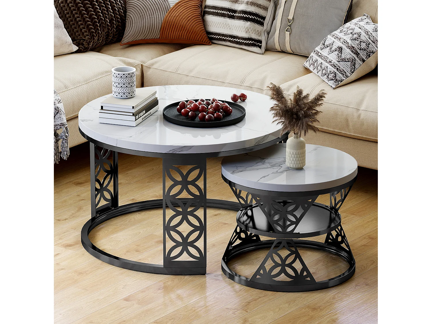 Tables basses gigognes 2 pièces 70×70×45 cm + 45×45×37 cm design contrasté avec placage marbre