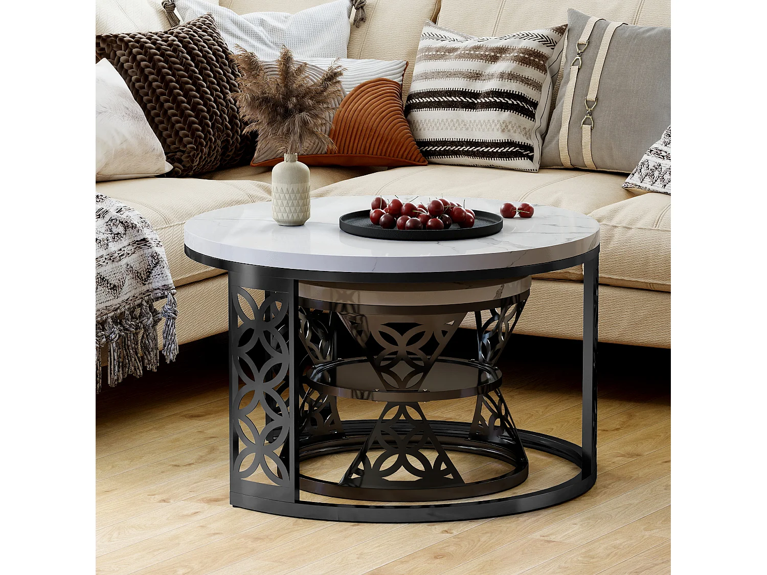 Tables basses gigognes 2 pièces 70×70×45 cm + 45×45×37 cm design contrasté avec placage marbre