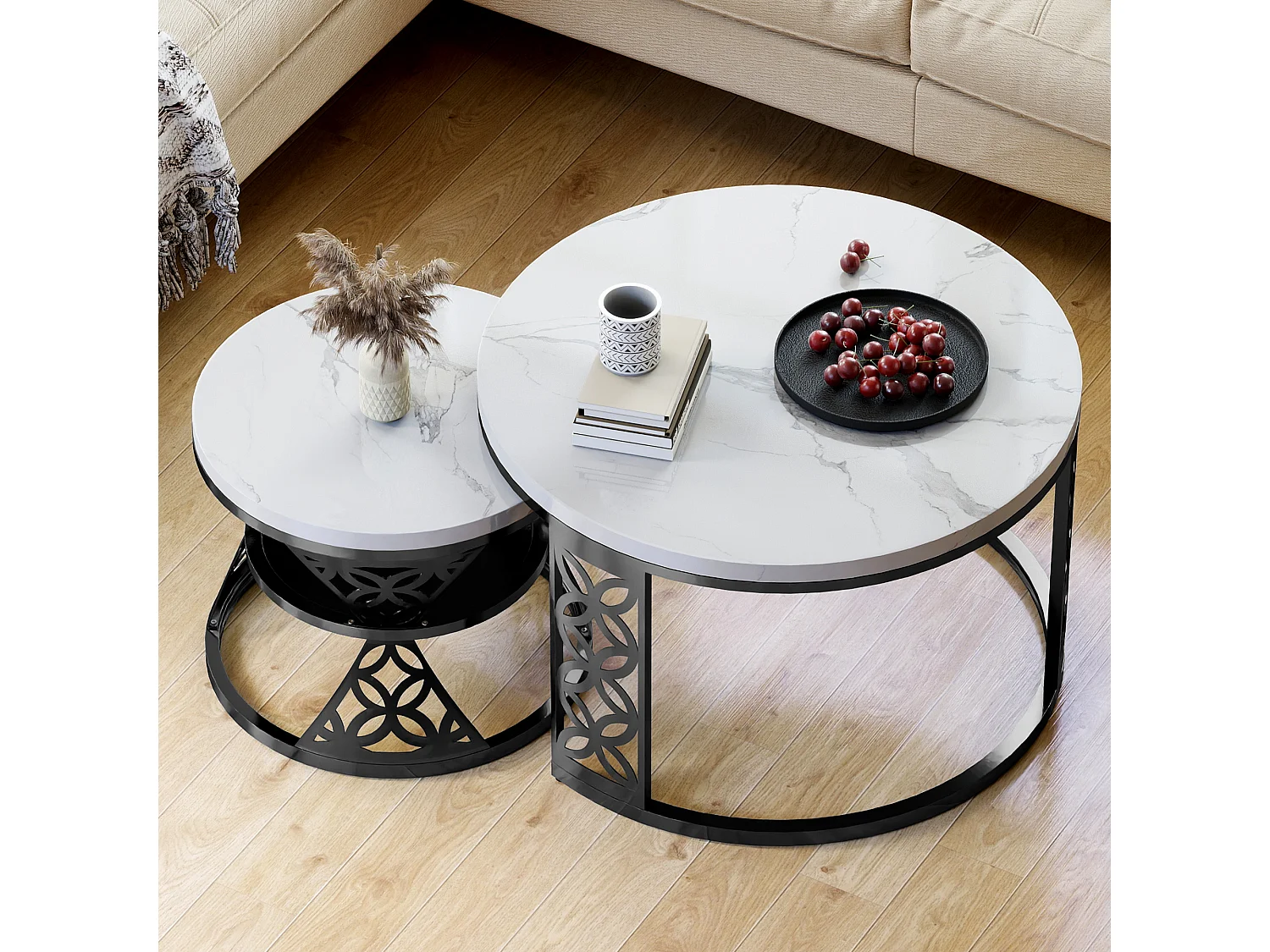 Tables basses gigognes 2 pièces 70×70×45 cm + 45×45×37 cm design contrasté avec placage marbre