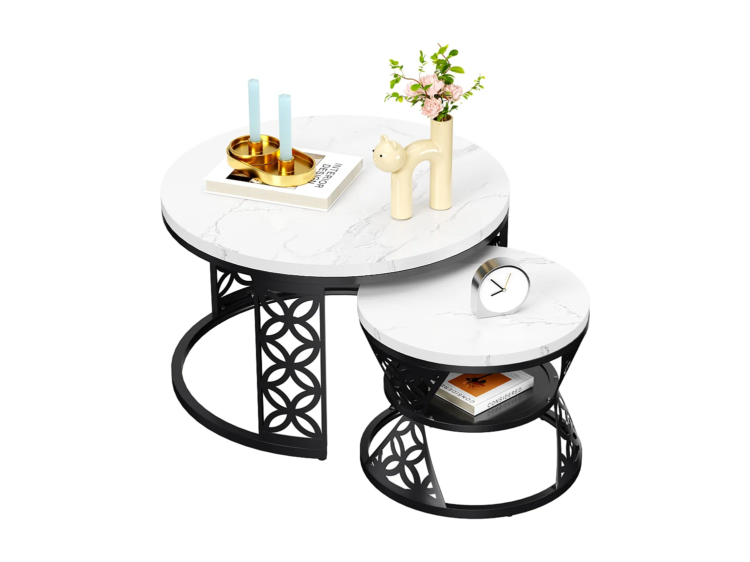 Tables basses gigognes 2 pièces 70×70×45 cm + 45×45×37 cm design contrasté avec placage marbre