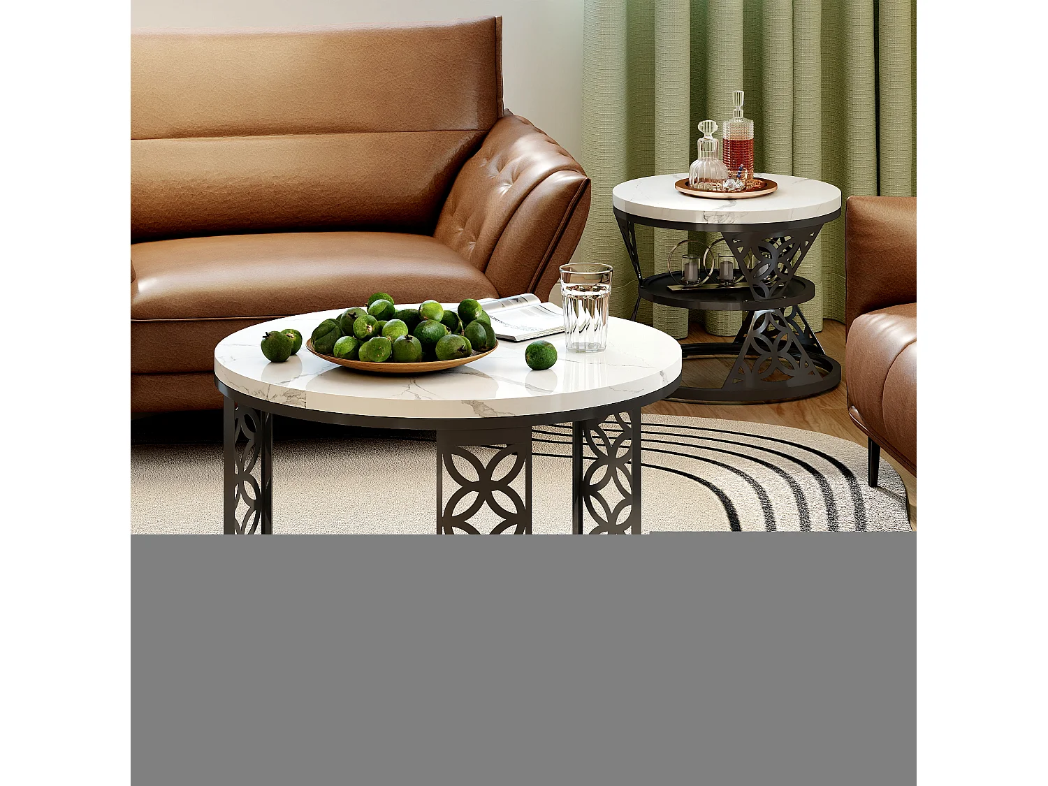 Tables basses gigognes 2 pièces 70×70×45 cm + 45×45×37 cm design contrasté avec placage marbre