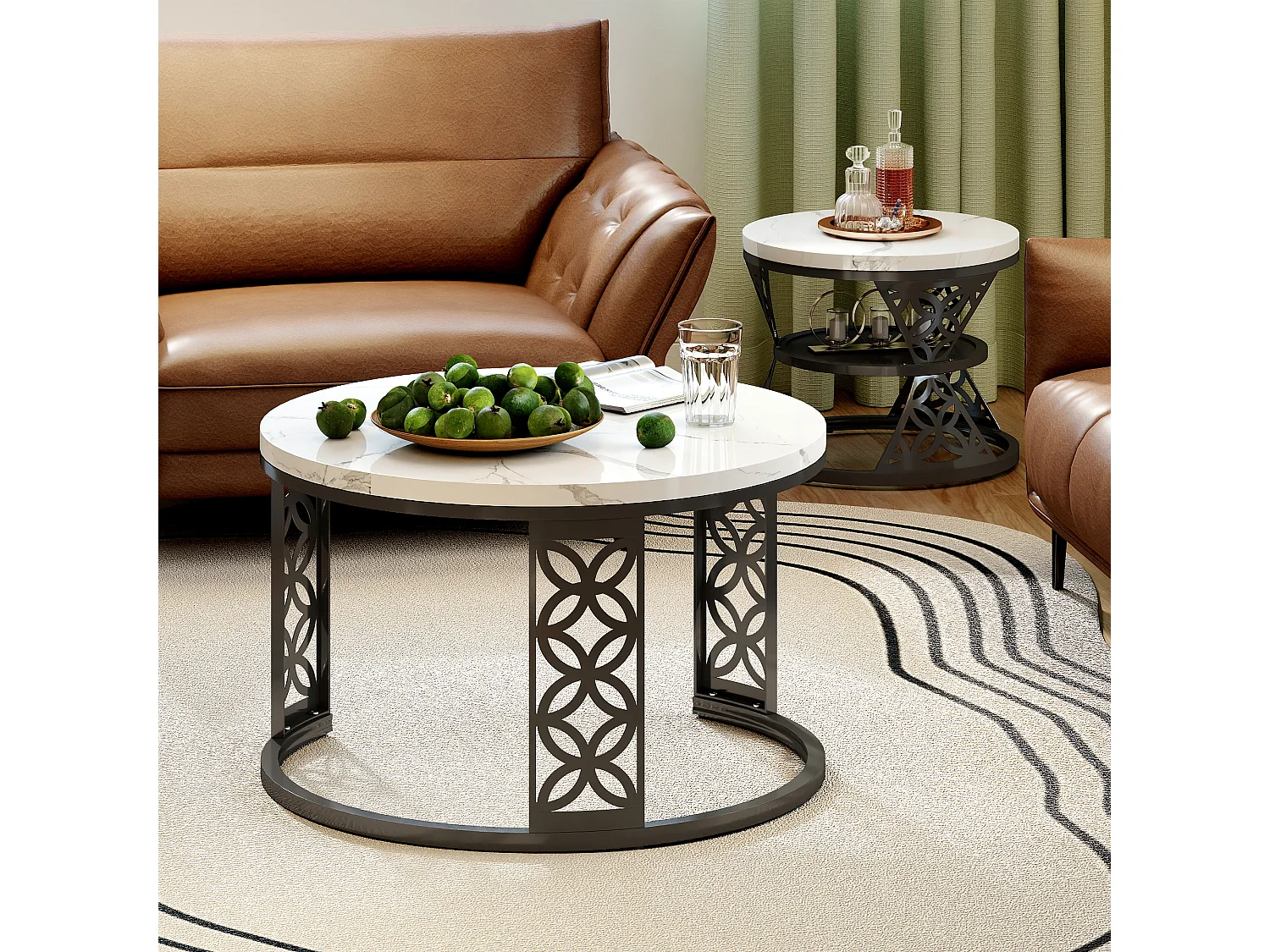 Tables basses gigognes 2 pièces 70×70×45 cm + 45×45×37 cm design contrasté avec placage marbre