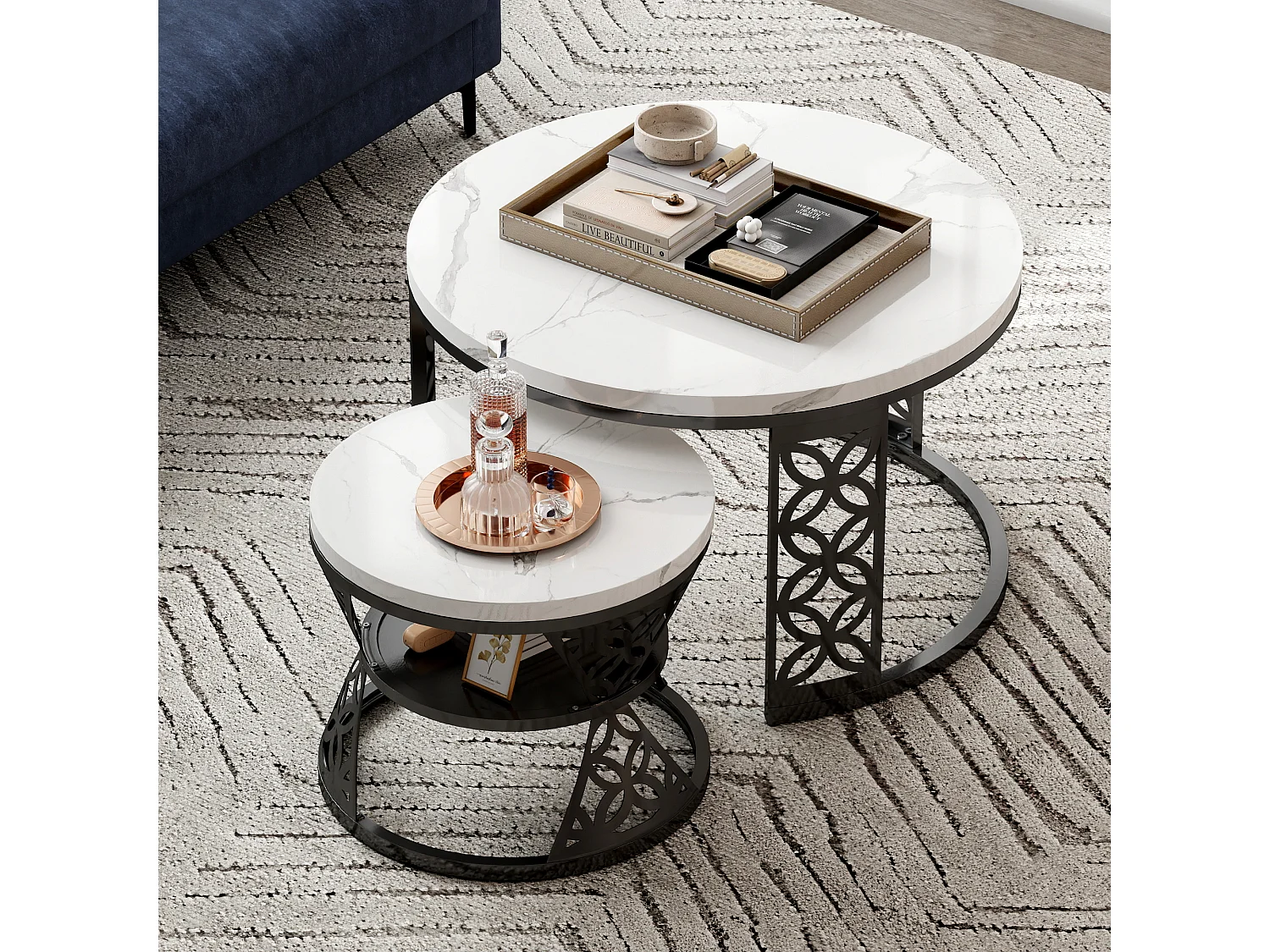 Tables basses gigognes 2 pièces, design contrasté, plateau effet marbre – 70×70 et 45×45 cm