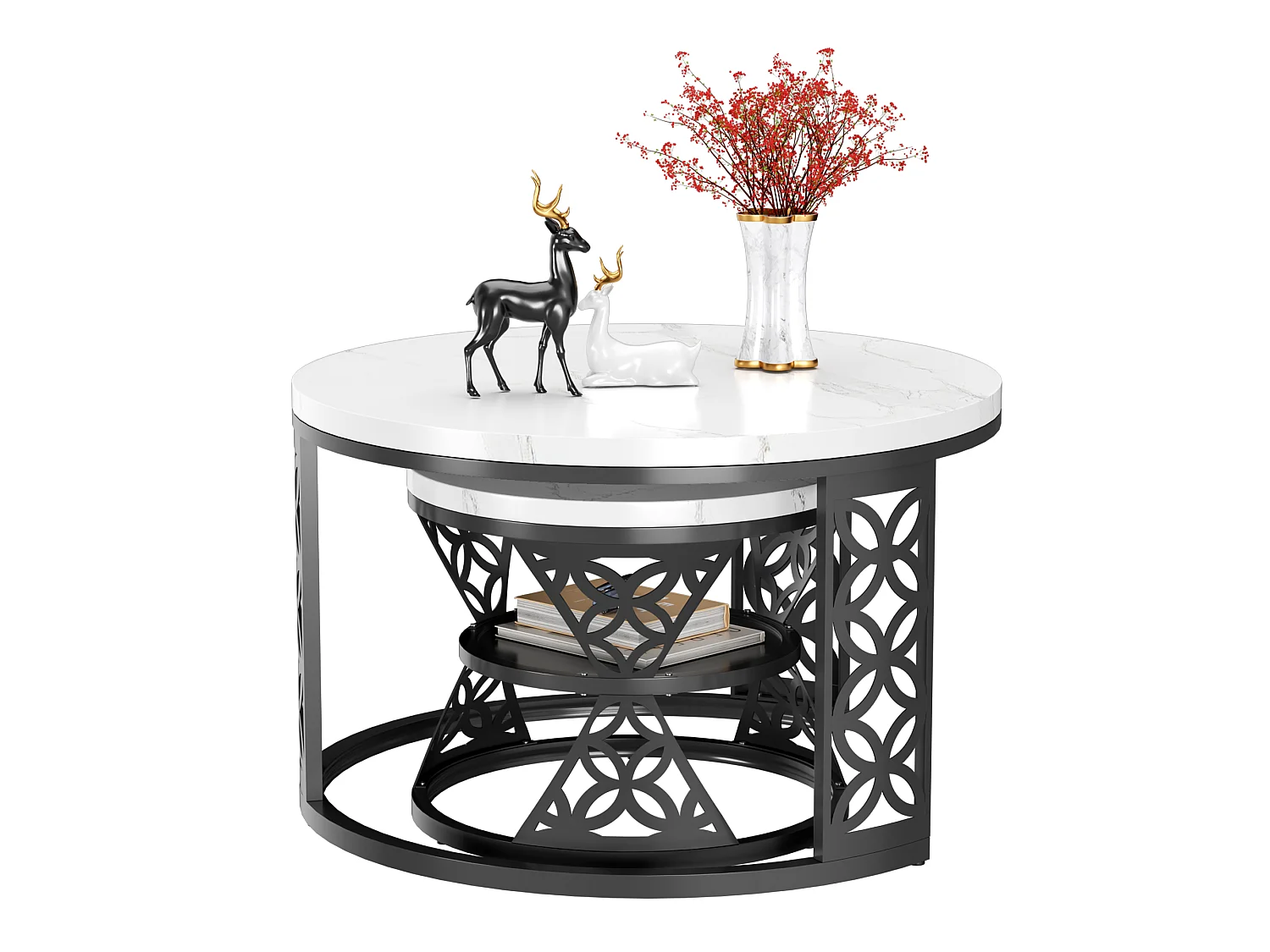 Tables basses gigognes 2 pièces, design contrasté, plateau effet marbre – 70×70 et 45×45 cm