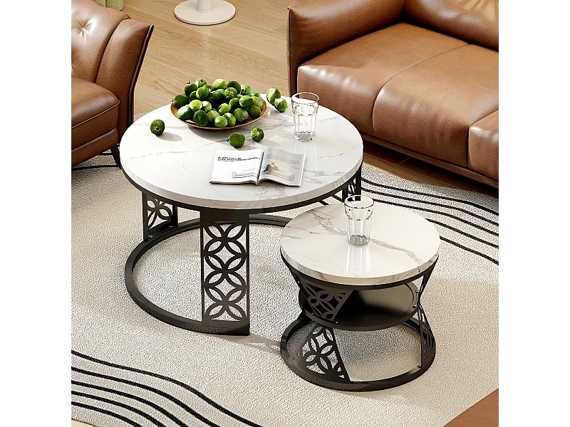 Tables basses gigognes 2 pièces 70×70×45 cm + 45×45×37 cm design contrasté avec placage marbre