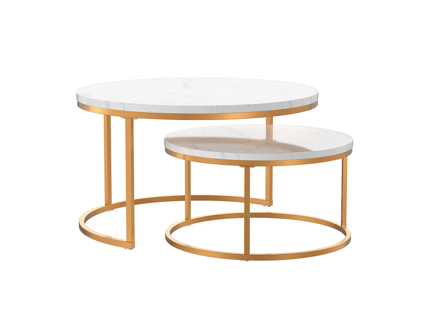 Tables basses gigognes en MDF effet marbre blanc et fer doré - lot de 2