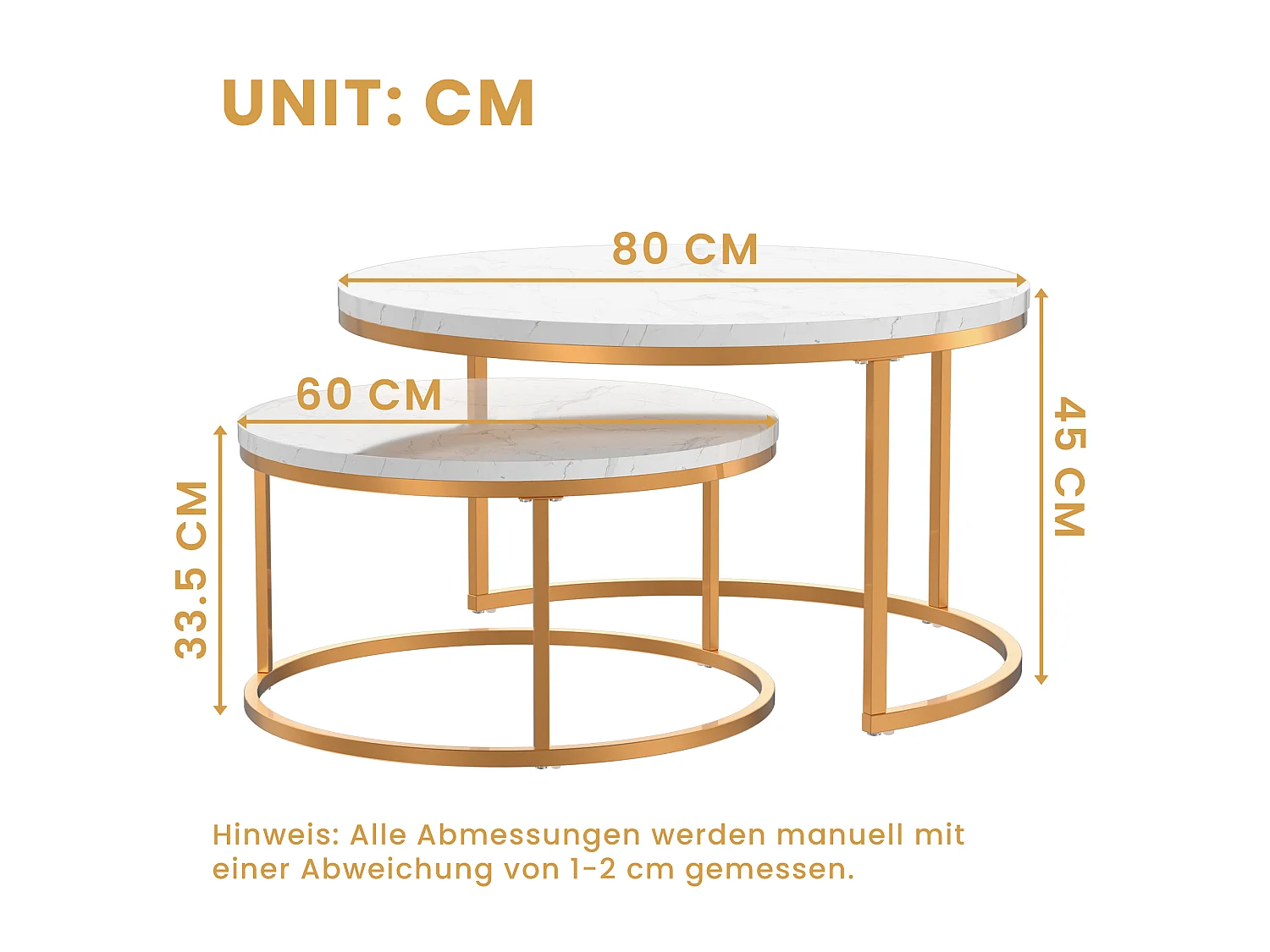 Tables basses gigognes en MDF effet marbre blanc et fer doré - lot de 2