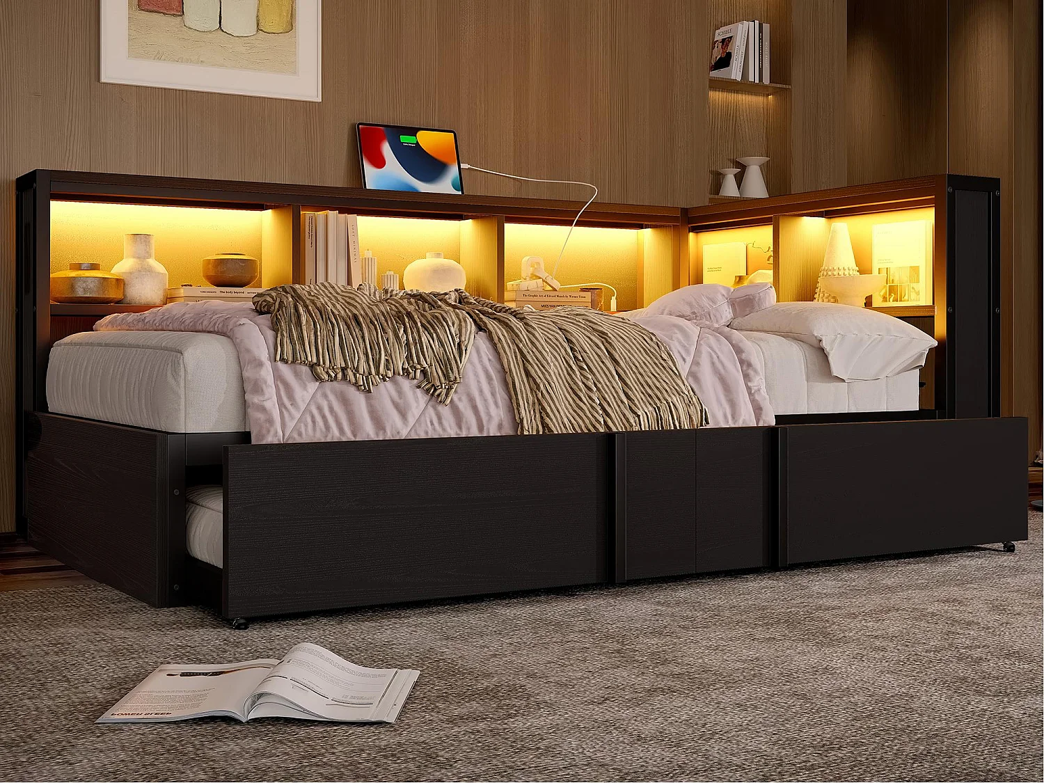 Sofá cama 90x200cm - con cama nido - con compartimento de almacenamiento - con LED y puerto USB - ​​Negro​​ (sin colchón)