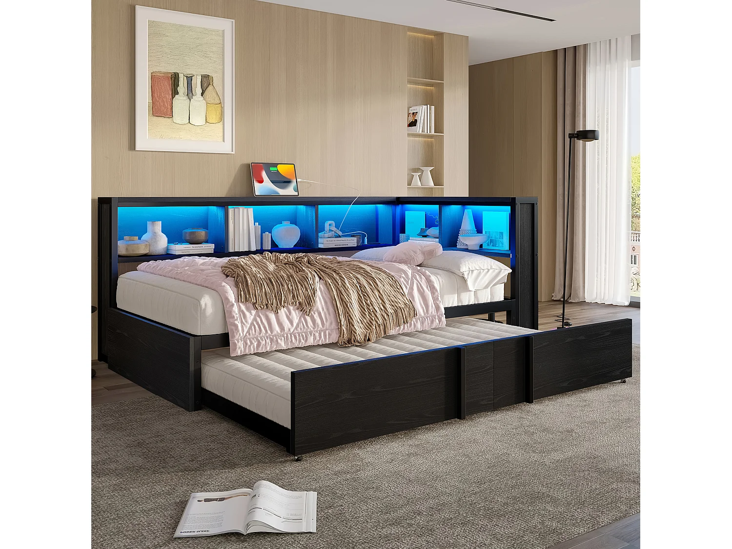 Sofá cama 90x200cm - con cama nido - con compartimento de almacenamiento - con LED y puerto USB - ​​Negro​​ (sin colchón)