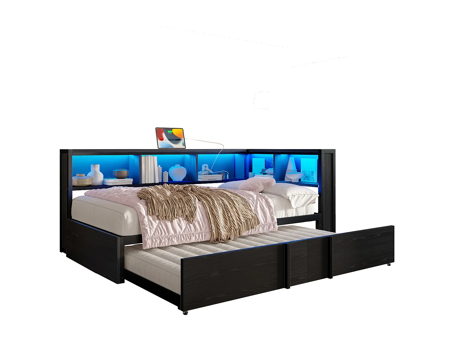 Sofá cama 90x200cm - con cama nido - con compartimento de almacenamiento - con LED y puerto USB - ​​Negro​​ (sin colchón)