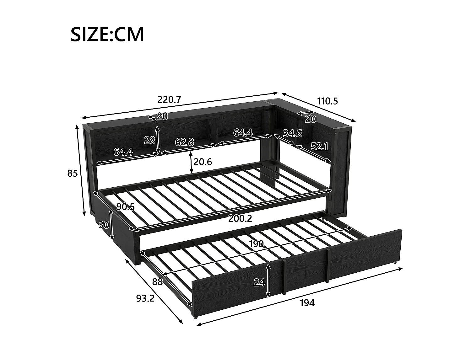 Canapé-lit 90x200cm - avec lit gigogne - avec compartiment de rangement - avec LED et port USB - Noir (sans matelas)