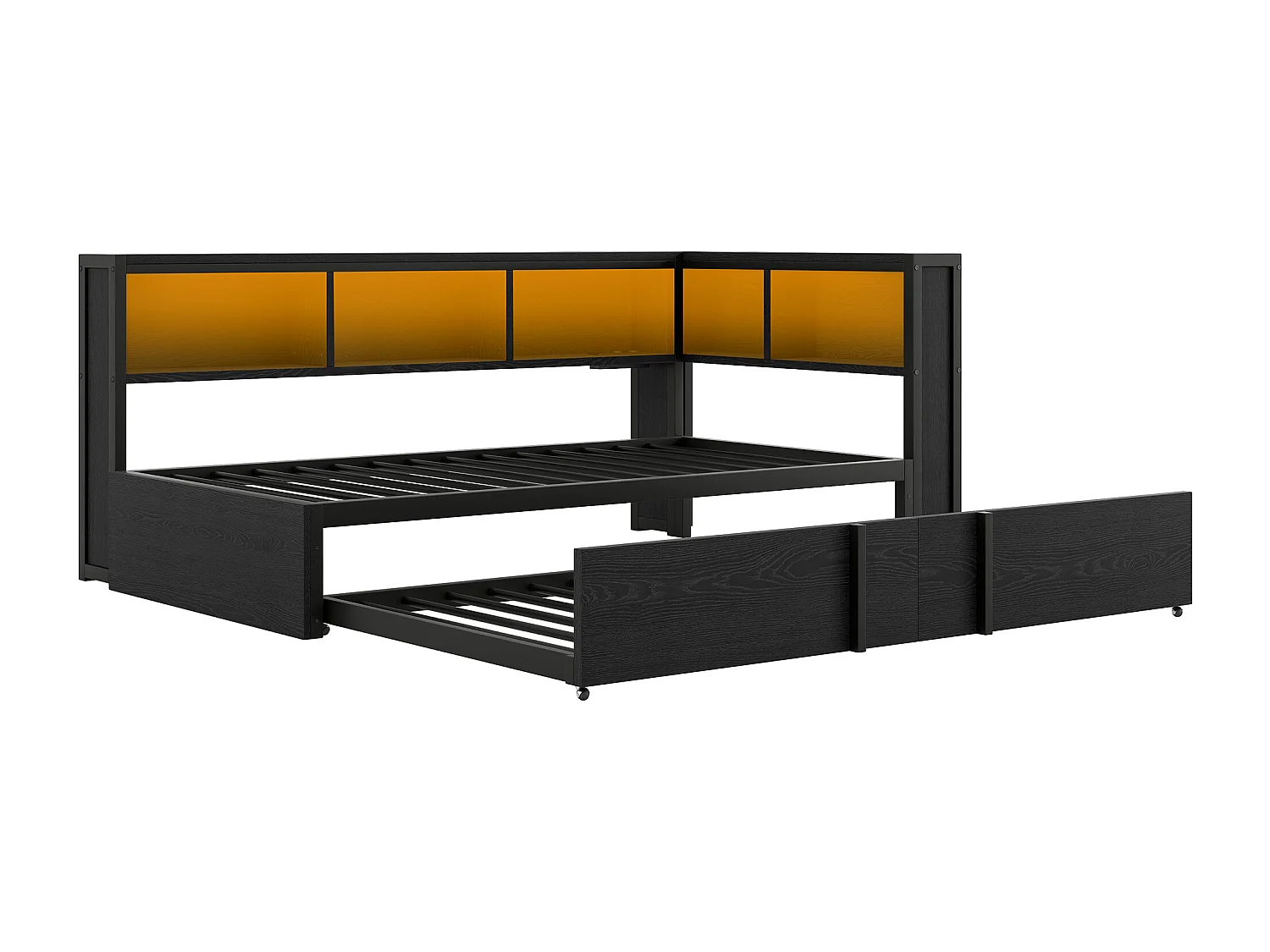 Canapé-lit 90x200cm - avec lit gigogne - avec compartiment de rangement - avec LED et port USB - Noir (sans matelas)