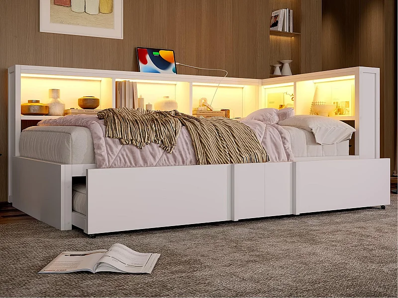 Canapé-lit 90x200cm - avec lit gigogne - avec compartiment de rangement - avec LED et port USB - Blanc (sans matelas)