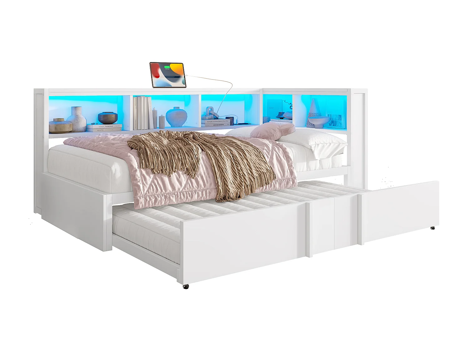 Sofá cama 90x200cm - con cama nido - con compartimento de almacenamiento - con LED y puerto USB - Blanco (sin colchón)
