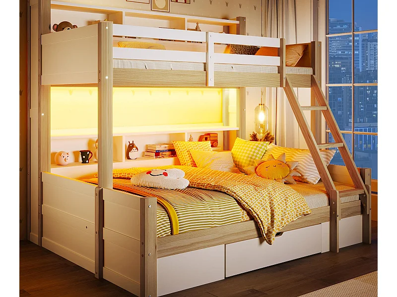 Lit superposé 90x200cm + 140x200cm - avec échelle et barrière de sécurité - 1 tiroir - lumière LED - naturel (matelas non inclus)