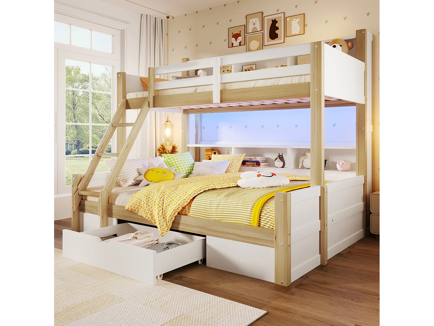 Etagenbett 90x200cm + 140x200cm - mit Leiter und Sicherheitsgitter - 1 Schublade - LED-Beleuchtung - natur (Matratze nicht inbegriffen)