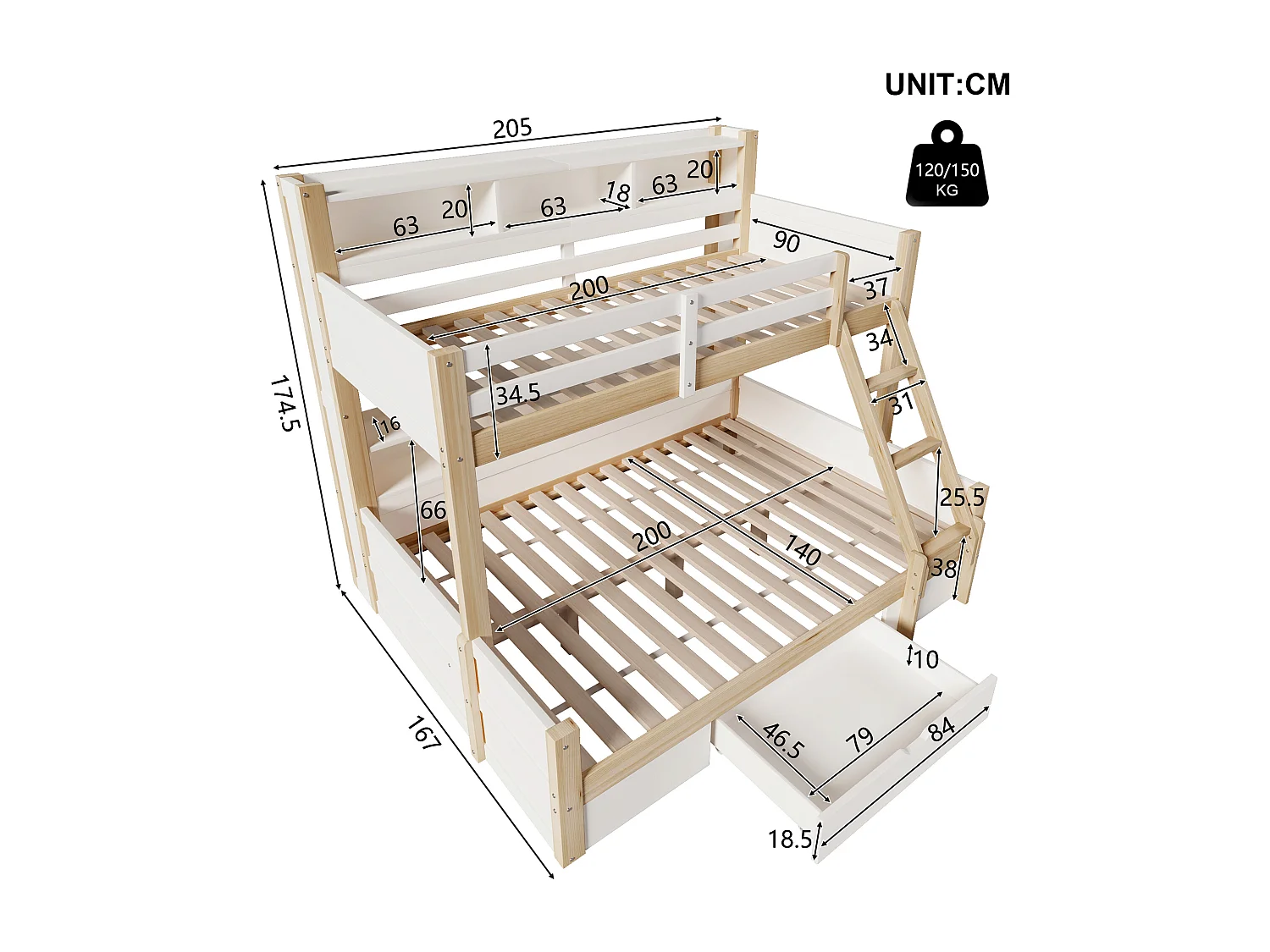 Etagenbett 90x200cm + 140x200cm - mit Leiter und Sicherheitsgitter - 1 Schublade - LED-Beleuchtung - natur (Matratze nicht inbegriffen)