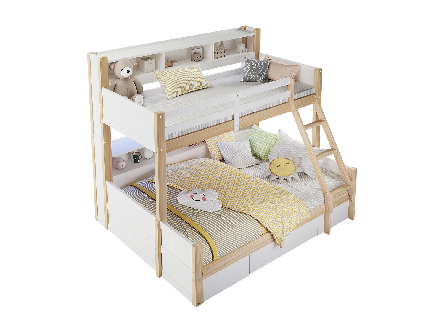 Etagenbett 90x200cm + 140x200cm - mit Leiter und Sicherheitsgitter - 1 Schublade - LED-Beleuchtung - natur (Matratze nicht inbegriffen)