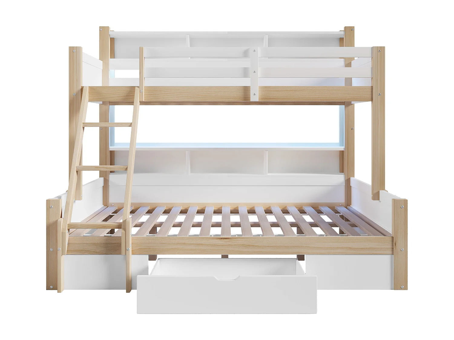 Etagenbett 90x200cm + 140x200cm - mit Leiter und Sicherheitsgitter - 1 Schublade - LED-Beleuchtung - natur (Matratze nicht inbegriffen)
