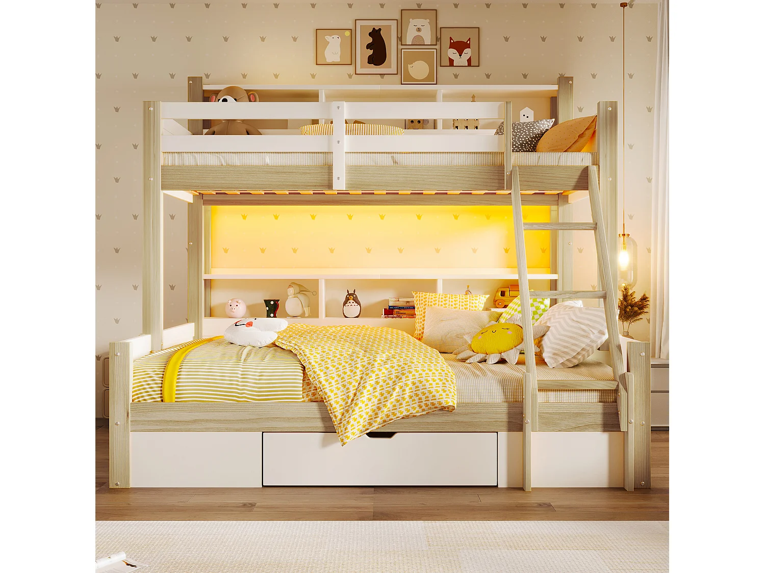 Lit superposé 90x200cm + 140x200cm - avec échelle et barrière de sécurité - 1 tiroir - lumière LED - naturel (matelas non inclus)