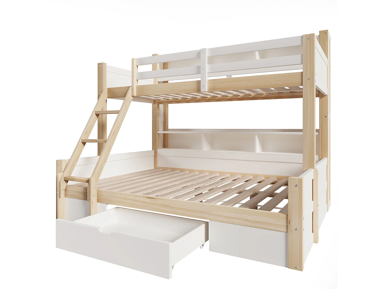 Lit superposé 90x200cm + 140x200cm - avec échelle et barrière de sécurité - 1 tiroir - lumière LED - naturel (matelas non inclus)