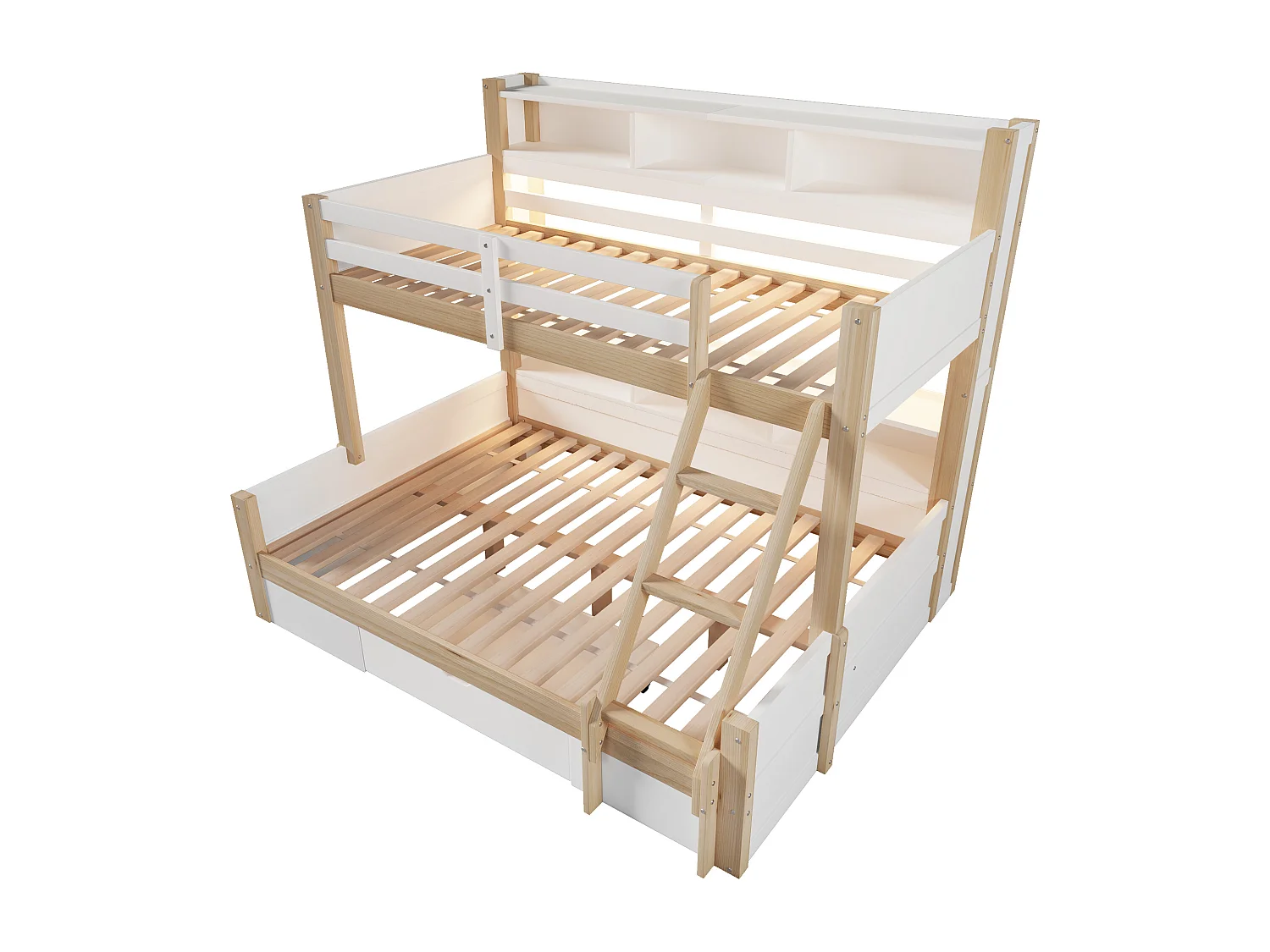 Lit superposé 90x200cm + 140x200cm - avec échelle et barrière de sécurité - 1 tiroir - lumière LED - naturel (matelas non inclus)