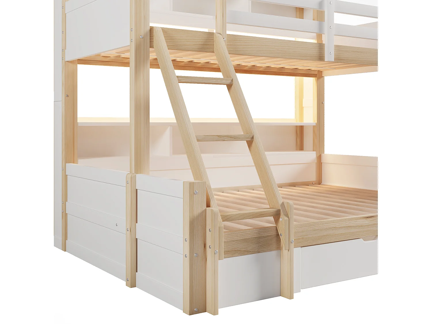 Lit superposé 90x200cm + 140x200cm - avec échelle et barrière de sécurité - 1 tiroir - lumière LED - naturel (matelas non inclus)