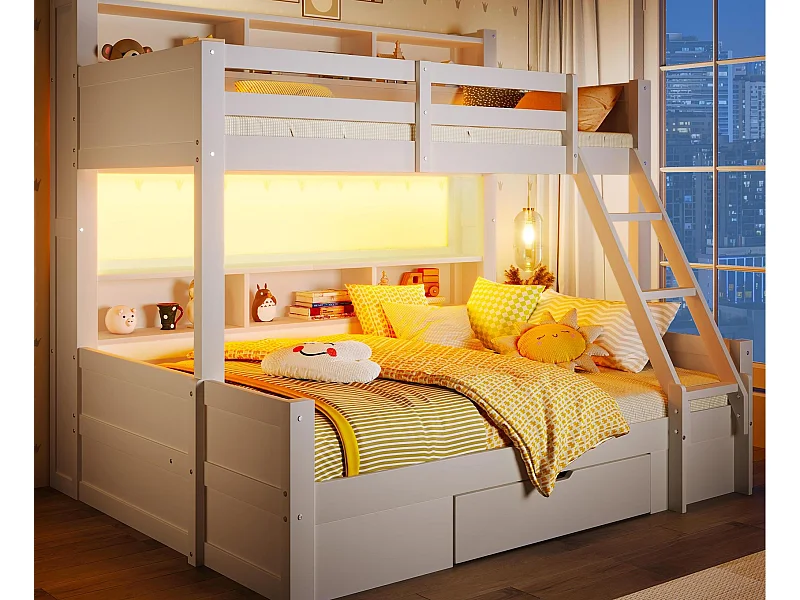 Lit superposé 90x200cm + 140x200cm - avec échelle et barrière de sécurité - 1 tiroir - lumière LED - blanc (matelas non inclus)