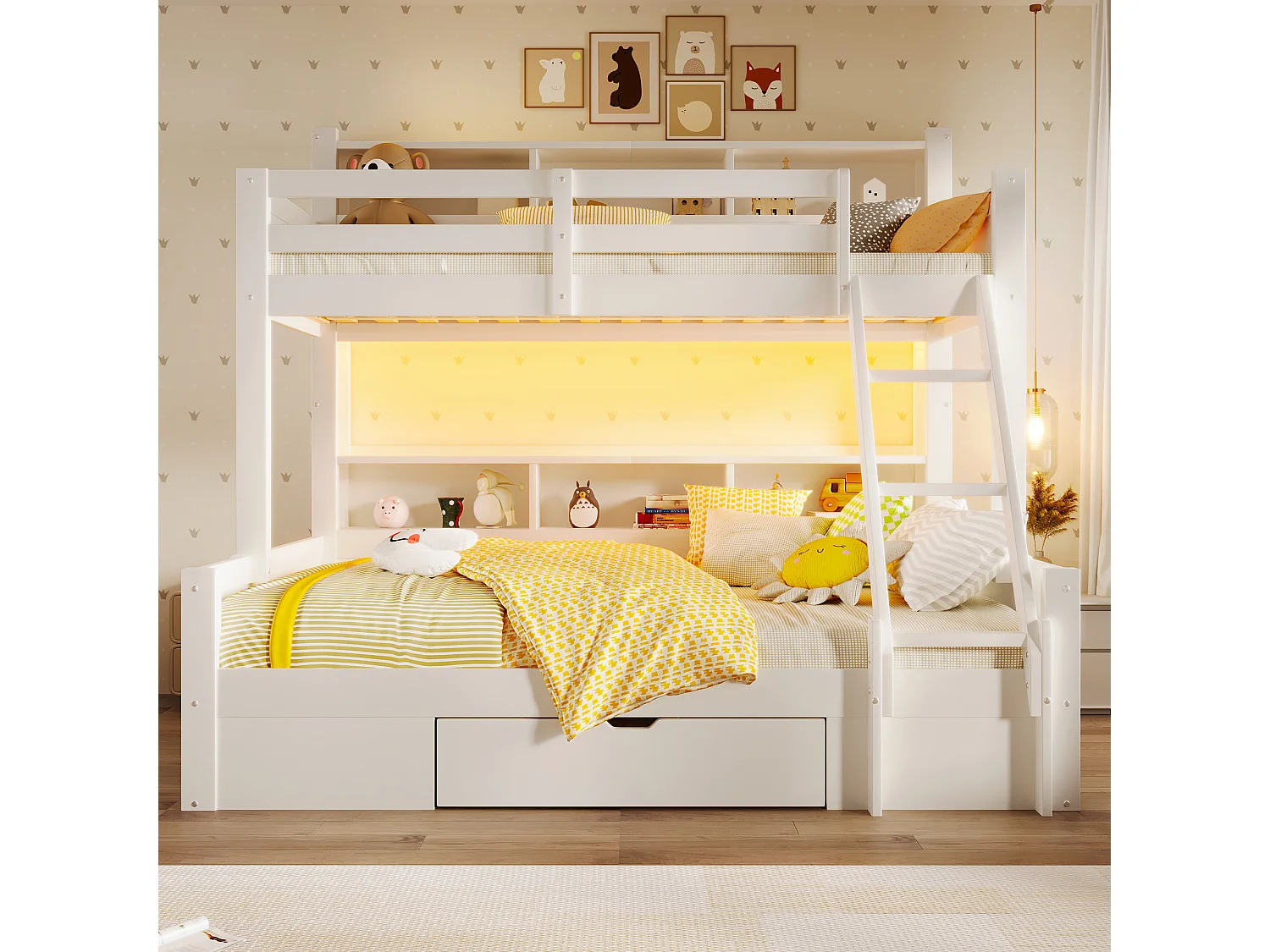 Lit superposé 90x200cm + 140x200cm - avec échelle et barrière de sécurité - 1 tiroir - lumière LED - blanc (matelas non inclus)