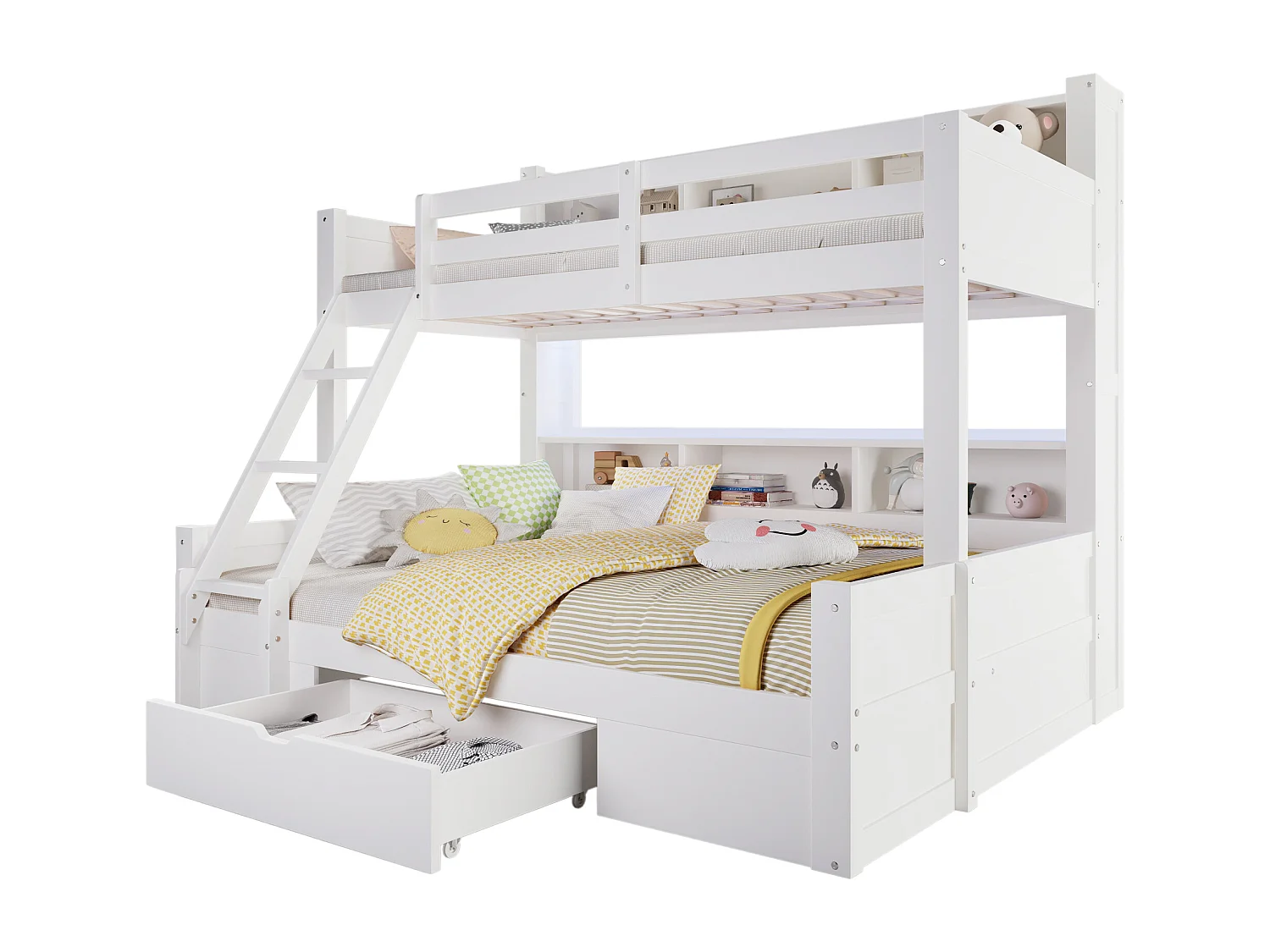 Lit superposé 90x200cm + 140x200cm - avec échelle et barrière de sécurité - 1 tiroir - lumière LED - blanc (matelas non inclus)