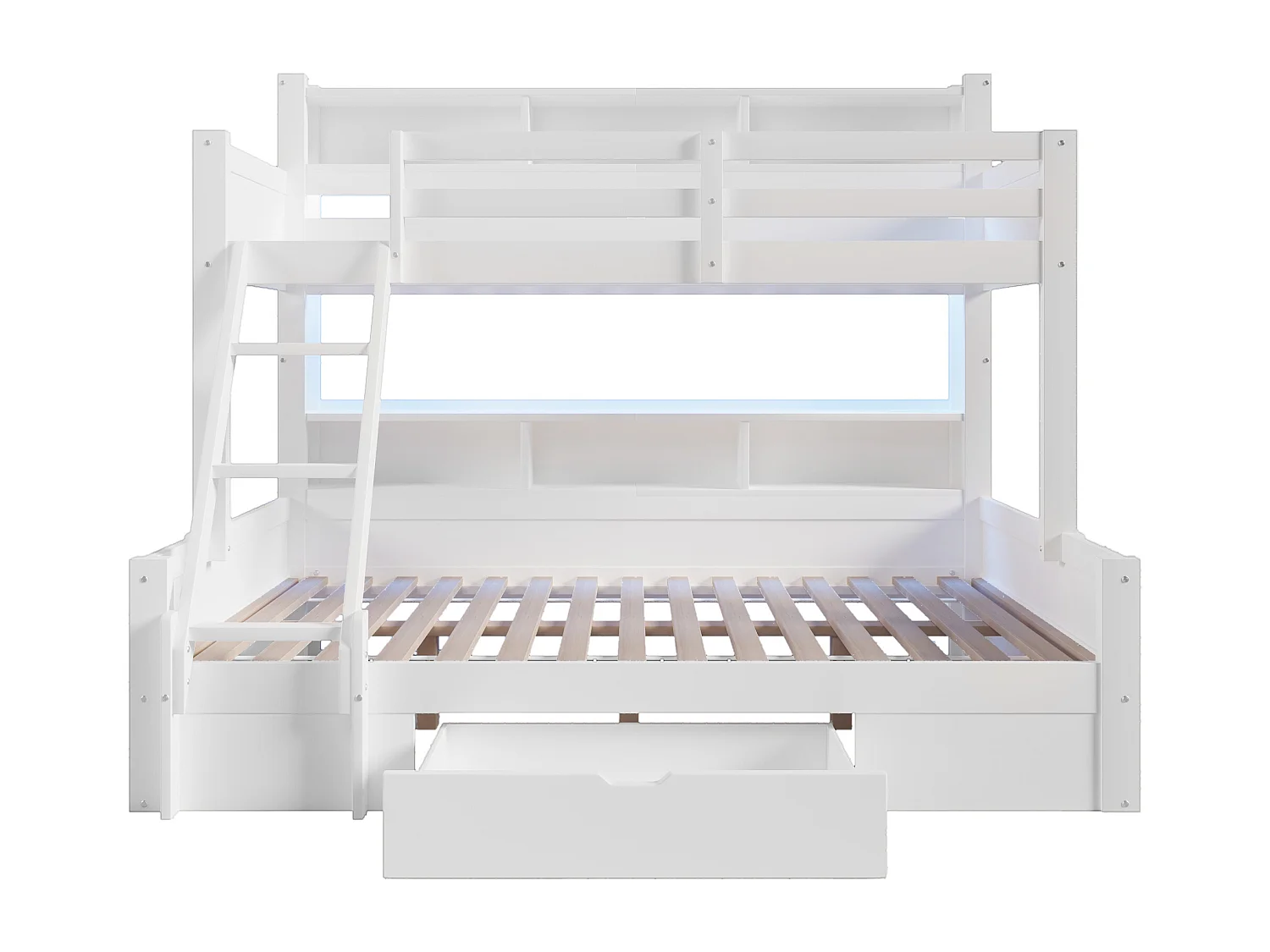 Lit superposé 90x200cm + 140x200cm - avec échelle et barrière de sécurité - 1 tiroir - lumière LED - blanc (matelas non inclus)