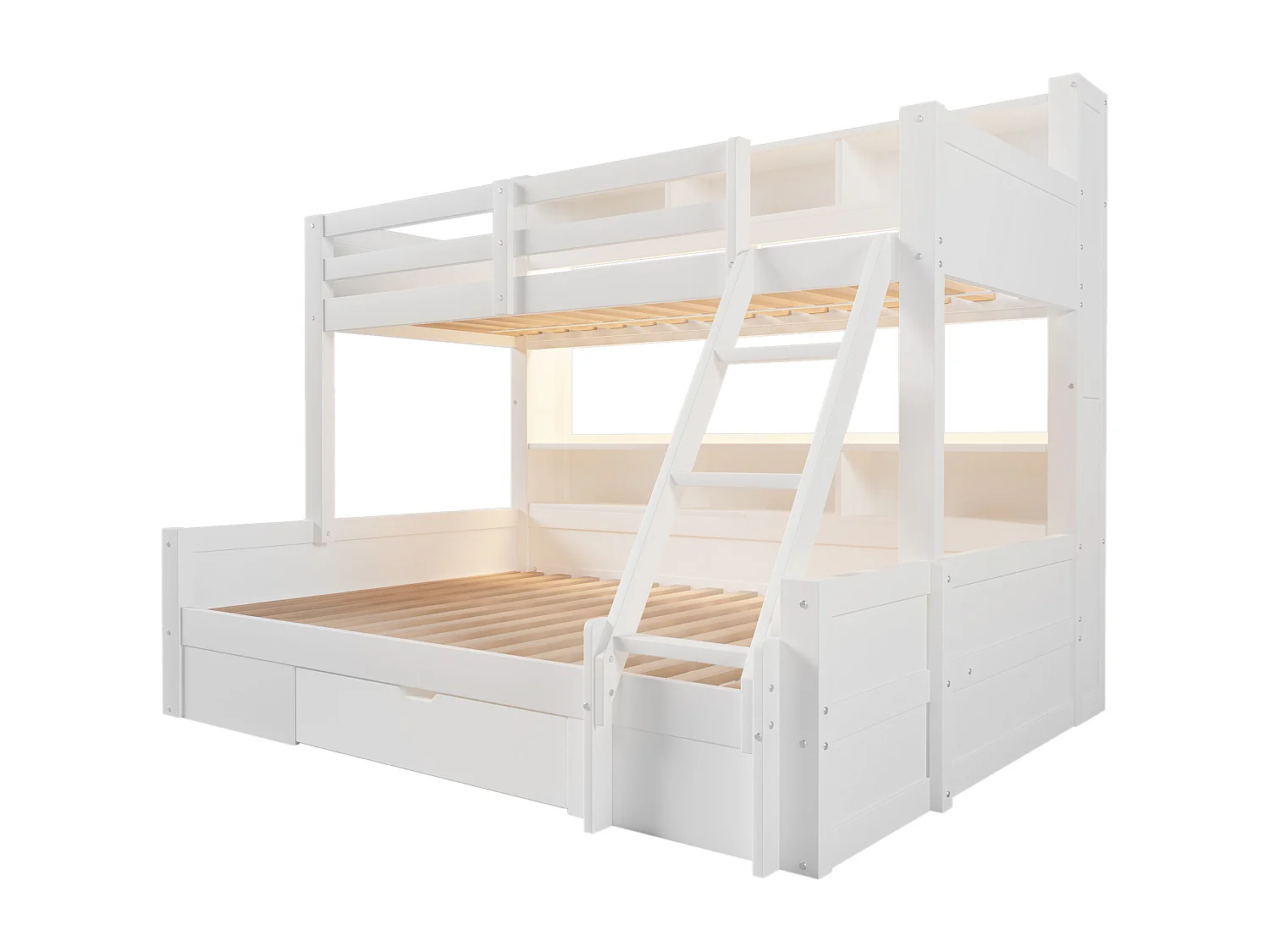 Lit superposé 90x200cm + 140x200cm - avec échelle et barrière de sécurité - 1 tiroir - lumière LED - blanc (matelas non inclus)