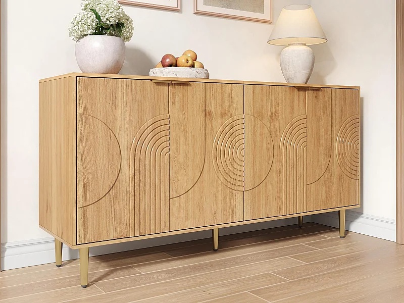 Modernes Sideboard 140x40x72 cm - 4 Türen - Holzoptik - Höhenverstellbare Einlegeböden - Metallfüße - MDF - Natur