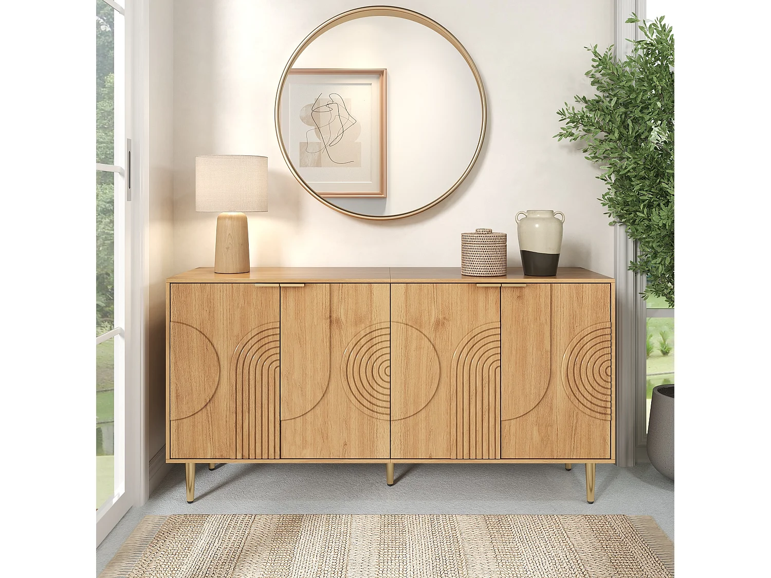 Modernes Sideboard 140x40x72 cm - 4 Türen - Holzoptik - Höhenverstellbare Einlegeböden - Metallfüße - MDF - Natur
