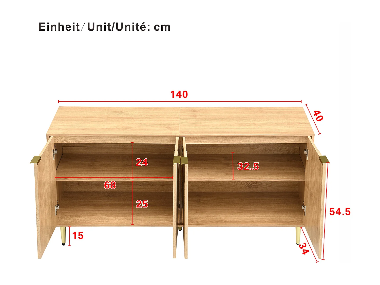 Modernes Sideboard 140x40x72 cm - 4 Türen - Holzoptik - Höhenverstellbare Einlegeböden - Metallfüße - MDF - Natur