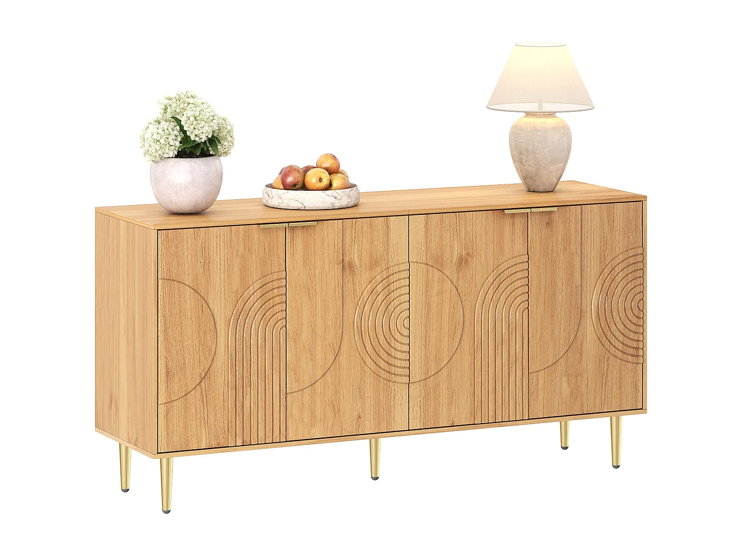 Modernes Sideboard 140x40x72 cm - 4 Türen - Holzoptik - Höhenverstellbare Einlegeböden - Metallfüße - MDF - Natur