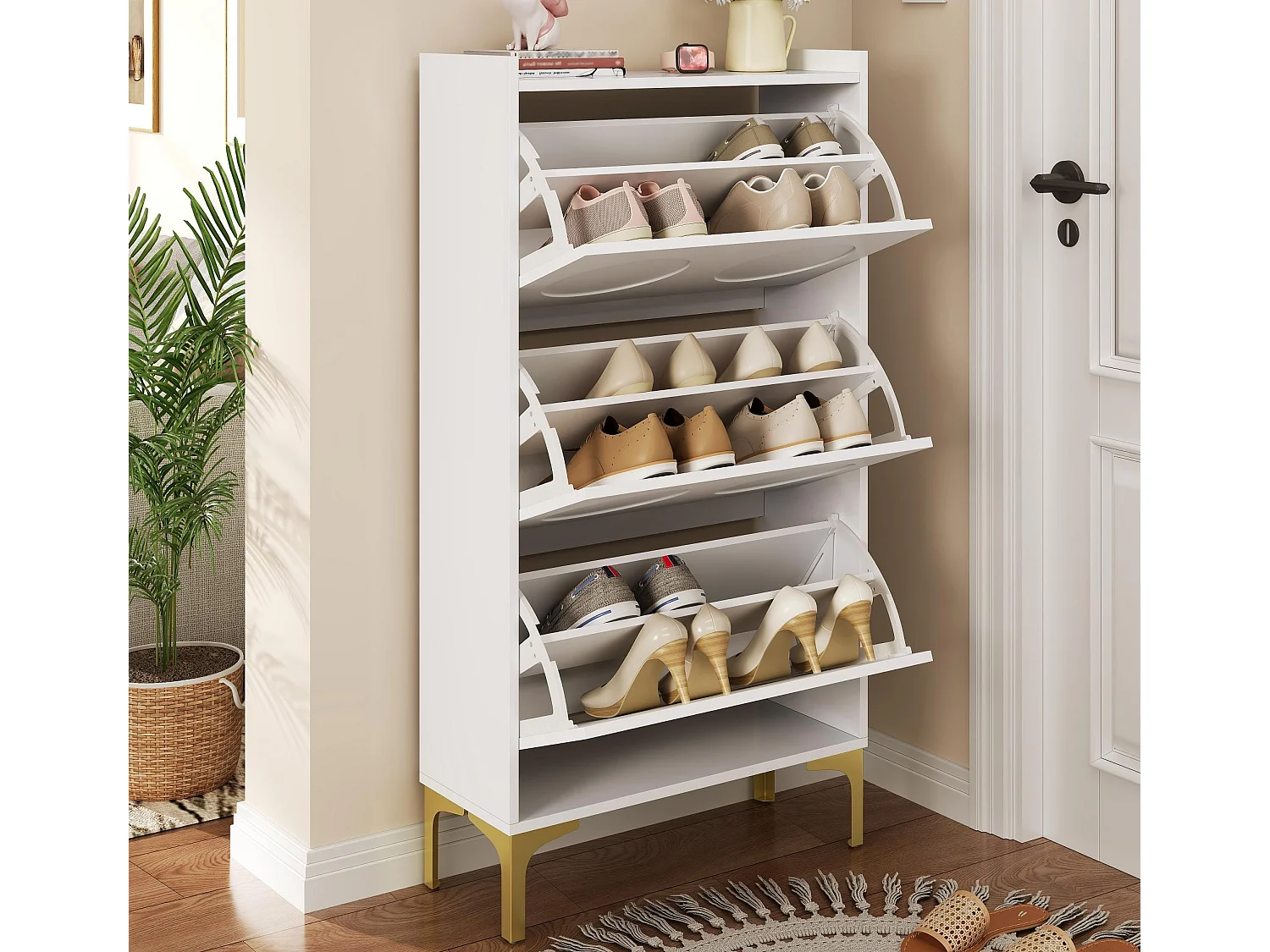 Meuble à chaussures moderne 63x24x120 cm - 3 niveaux de rangement - Pieds en métal - MDF - Blanc