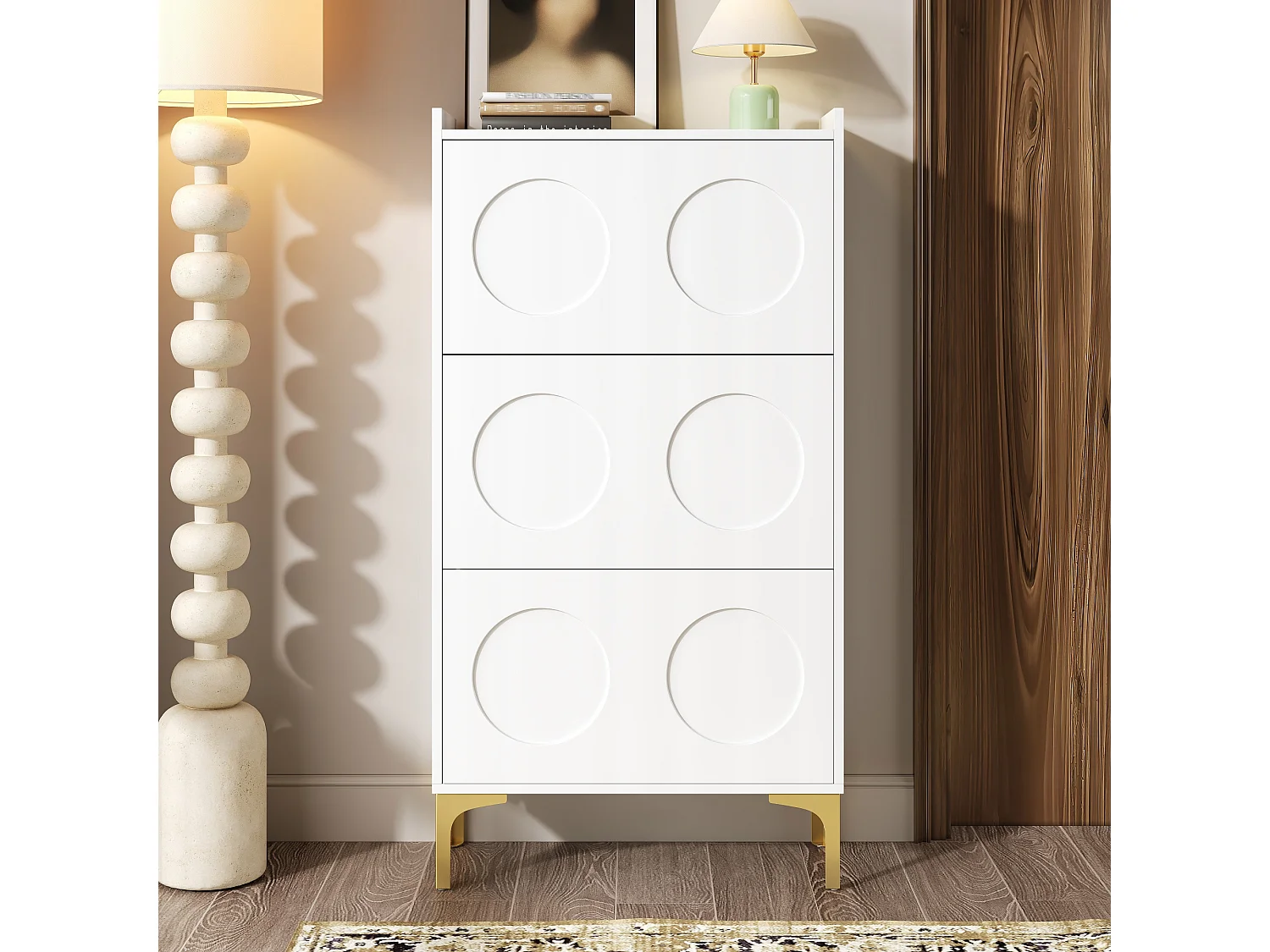 Meuble à chaussures moderne 63x24x120 cm - 3 niveaux de rangement - Pieds en métal - MDF - Blanc