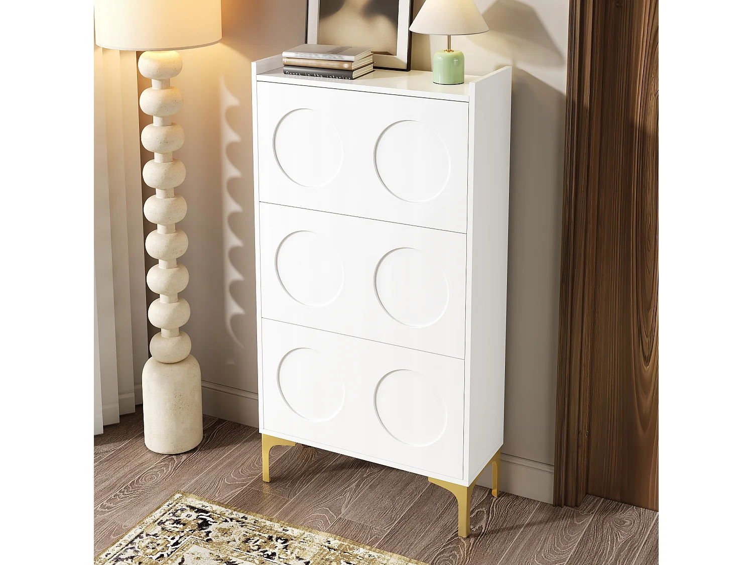 Meuble à chaussures moderne 63x24x120 cm - 3 niveaux de rangement - Pieds en métal - MDF - Blanc