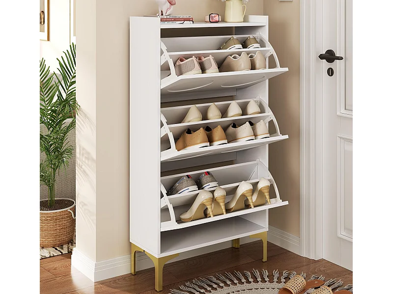 Meuble à chaussures moderne 63x24x120 cm - 3 niveaux de rangement - Pieds en métal - MDF - Blanc