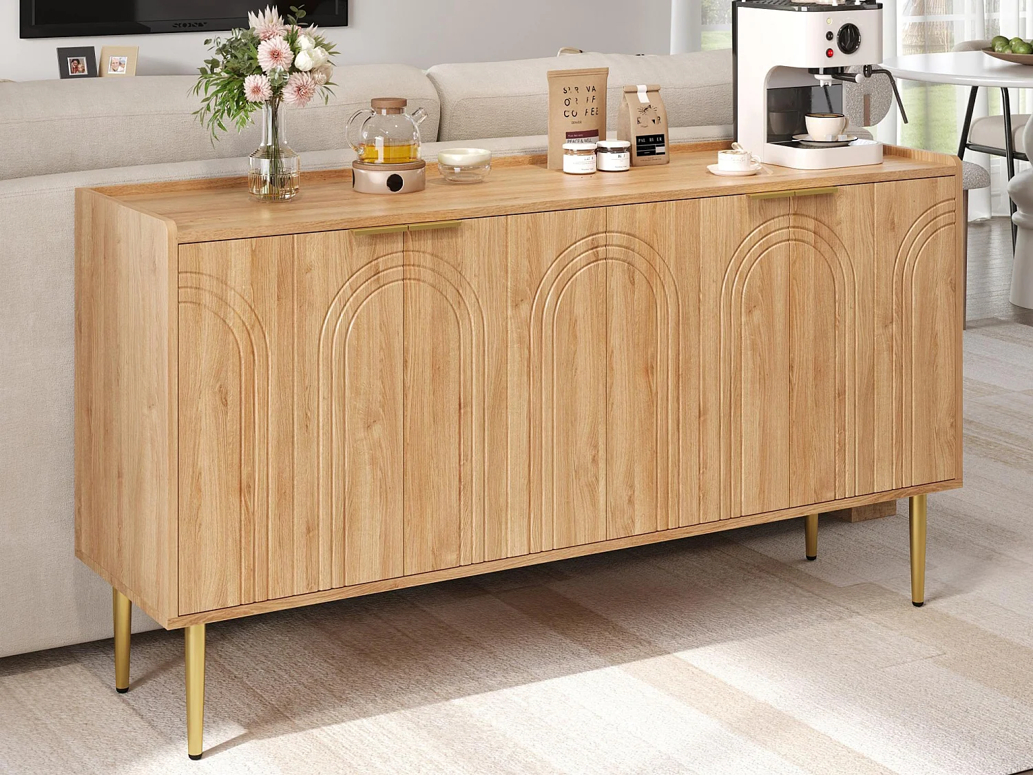 Modernes Sideboard 140x38x75 cm - 4 Türen - Holzoptik - Metallfüße - MDF - Natur