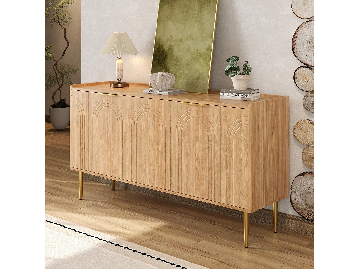 Buffet moderne 140x38x75 cm - 4 portes - aspect bois - Pieds en métal - MDF - Naturel