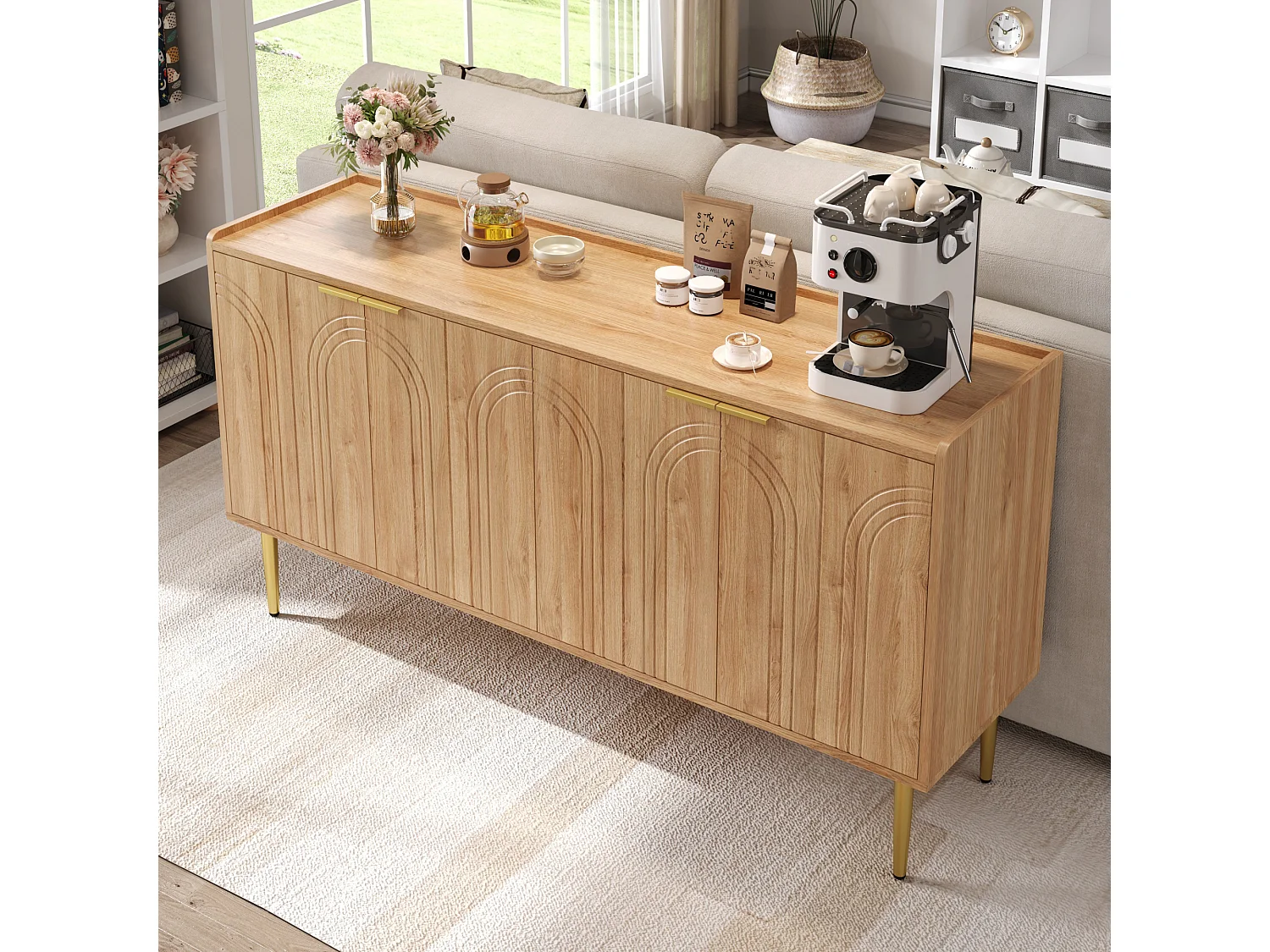 Buffet moderne 140x38x75 cm - 4 portes - aspect bois - Pieds en métal - MDF - Naturel