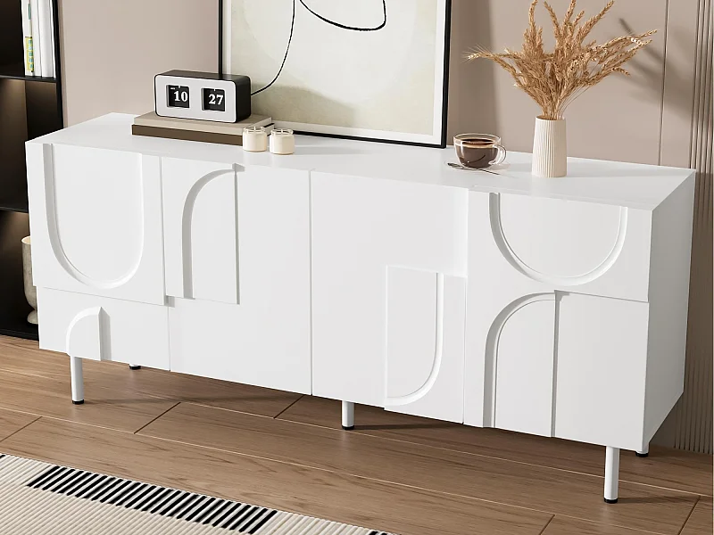 Buffet  moderne 160x38,5x70 cm - 4 portes - Pieds en métal - MDF + panneaux de particules - Blanc