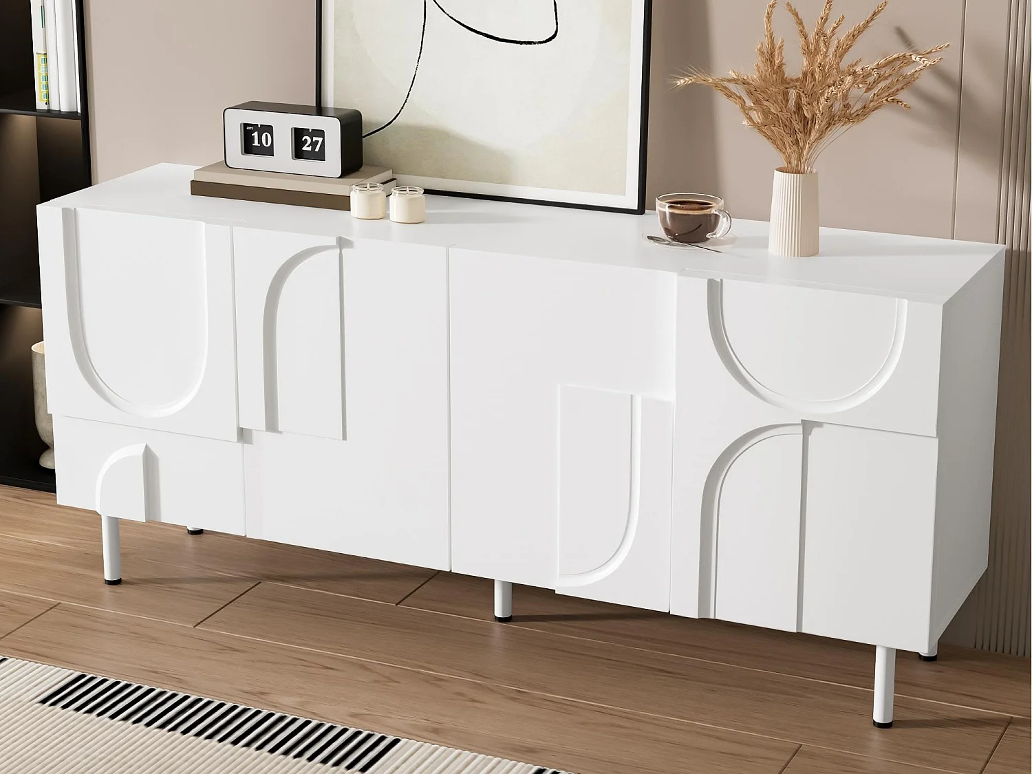 Buffet  moderne 160x38,5x70 cm - 4 portes - Pieds en métal - MDF + panneaux de particules - Blanc