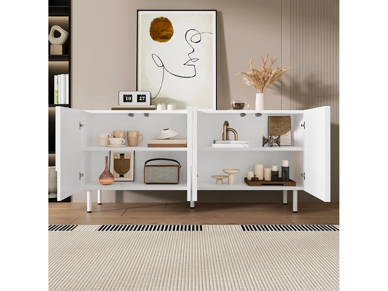 Buffet  moderne 160x38,5x70 cm - 4 portes - Pieds en métal - MDF + panneaux de particules - Blanc